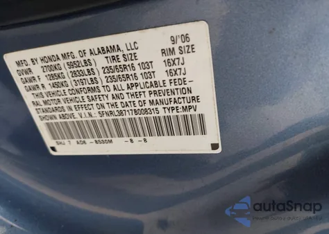 2007 Honda Odyssey Ex-L z USA, uszkodzony, nr VIN 5FNRL38717B008315
